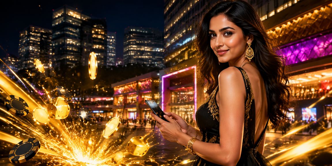 Mobile casino interface glowing brightly with Indian neon city backdrop