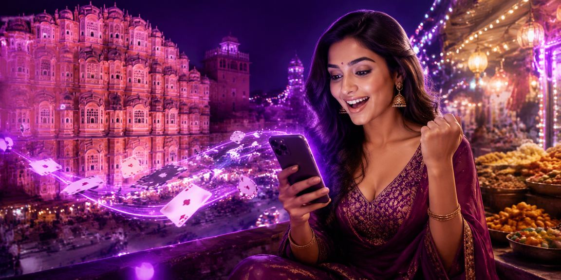 Night market scene in Jaipur with illuminated Teen Patti slots on mobile device