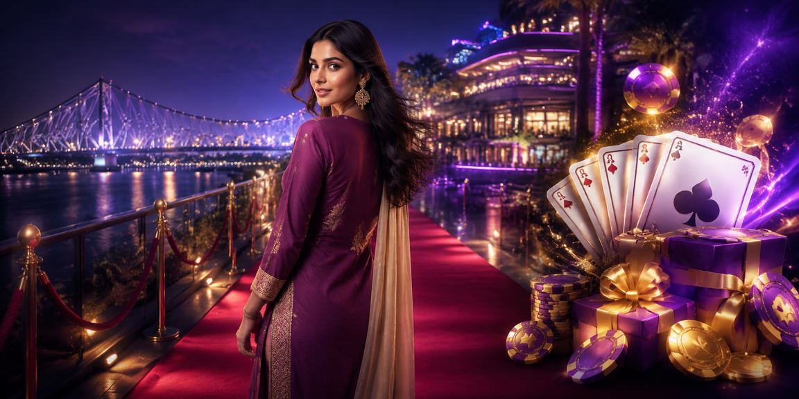 Female player enjoying Teen Patti slot games by Howrah Bridge backdrop in Kolkata
